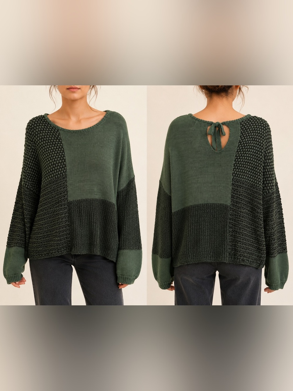 Blu Pepper Forest Green Textured Colorblock Scoop Neck Sweater